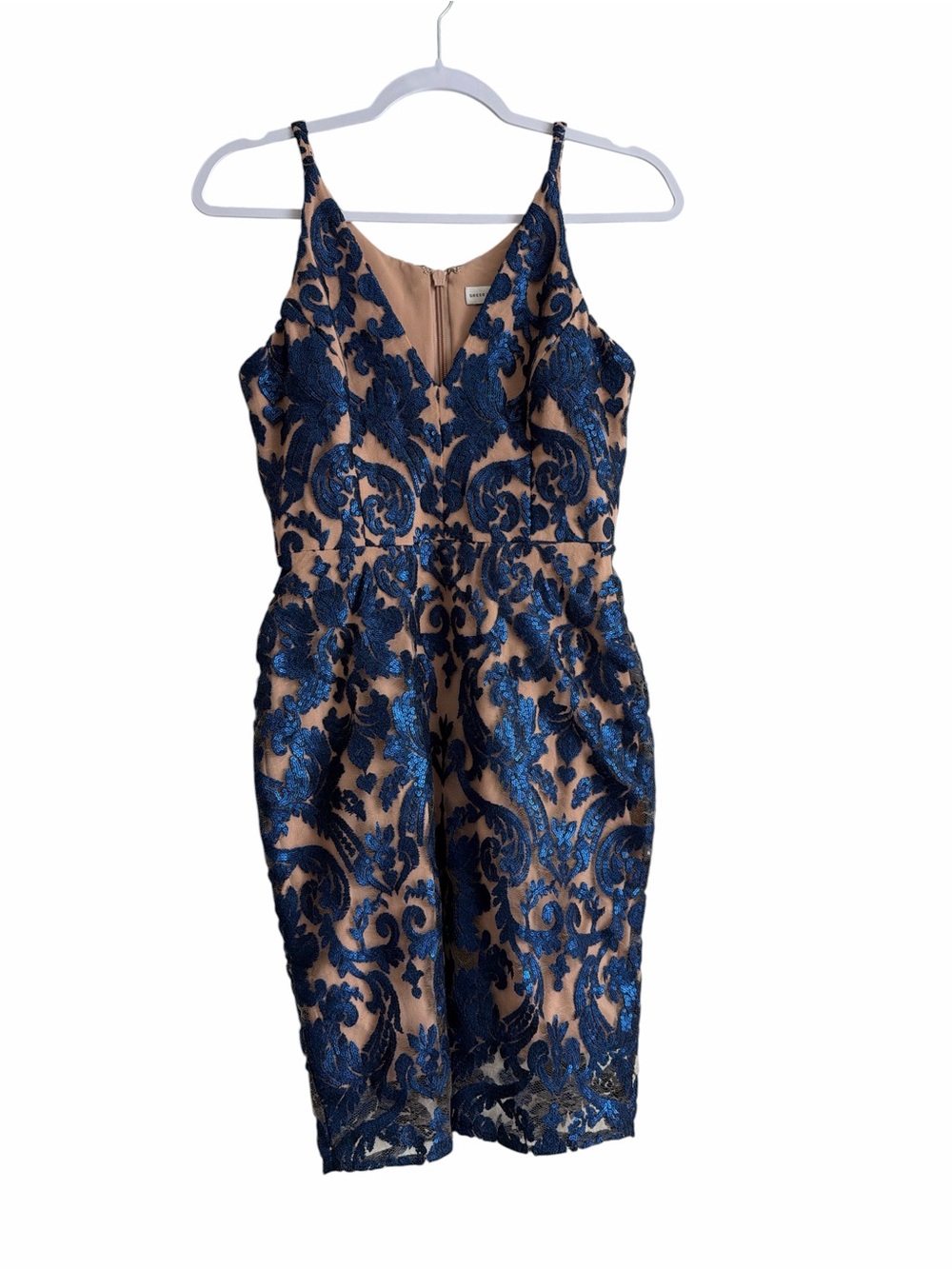 Dress the Population Blair Navy Blue Lace-Overlay Midi Dress Nude Underlay XS